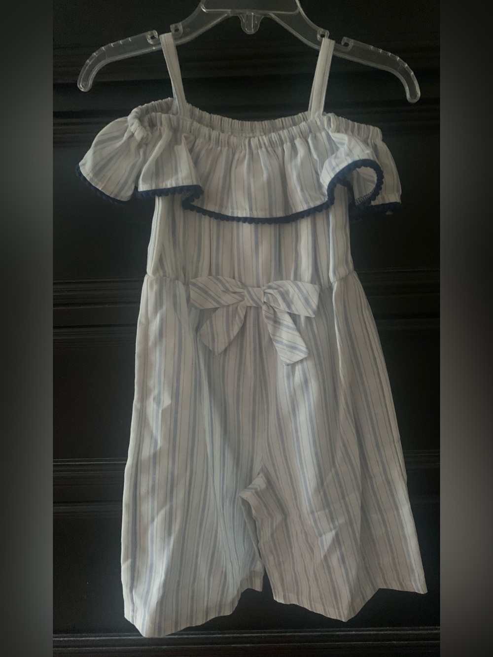 Pippa & Julie Blue and White Striped Off-Shoulder Jumpsuit with Bow